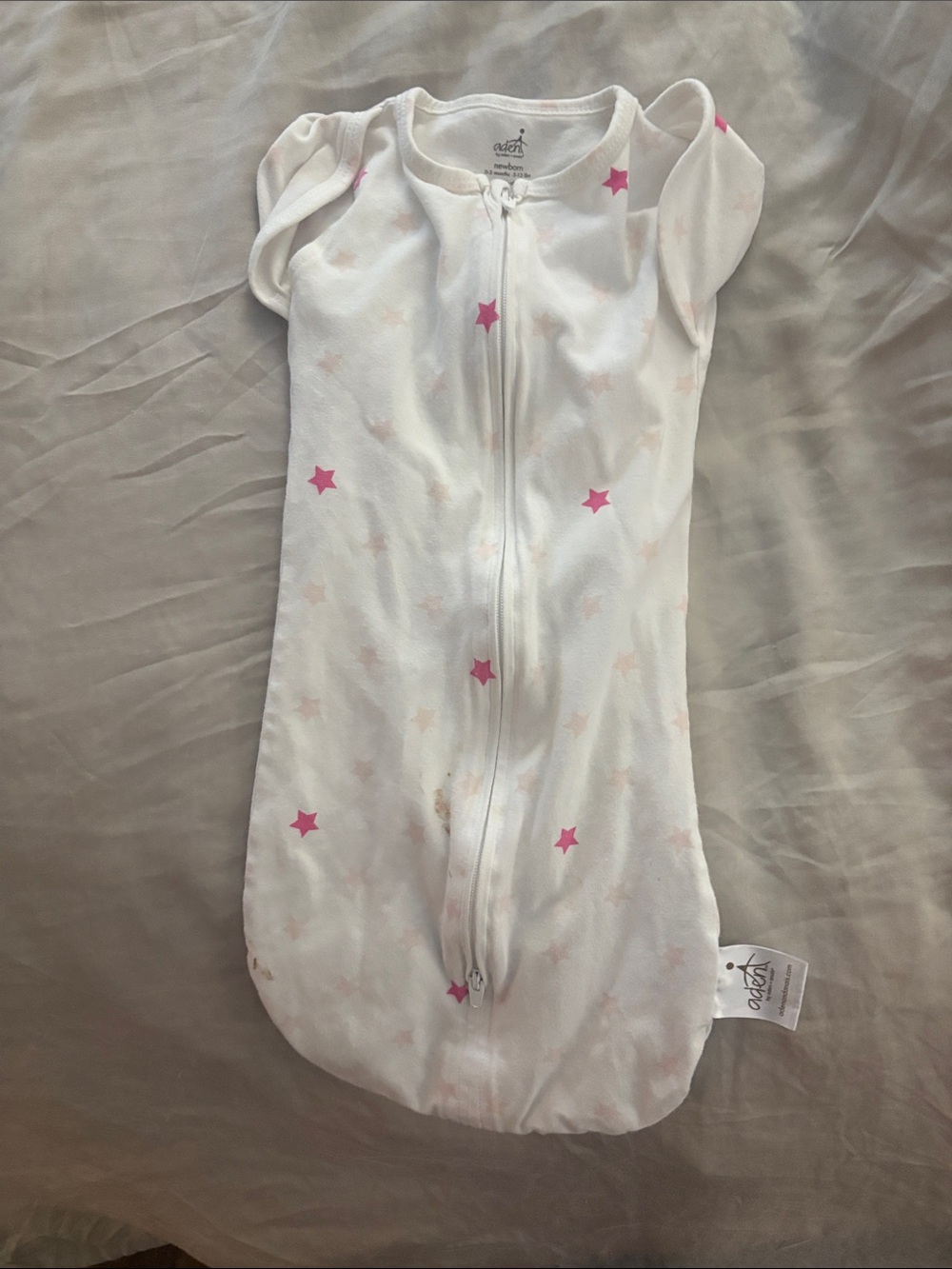 aden + anais White Sleep Sack with Pink Stars - Zip Front